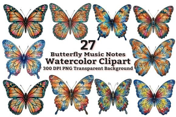 Butterfly Music Notes Watercolor Clipart