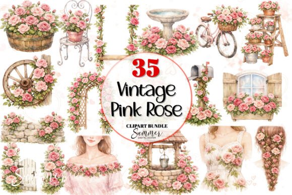 Vintage Pink Rose Shabby Chic Clipart