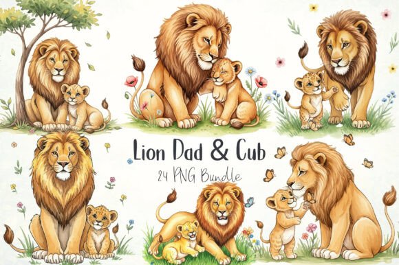 Watercolor Lion Dad Cub Clipart PNG