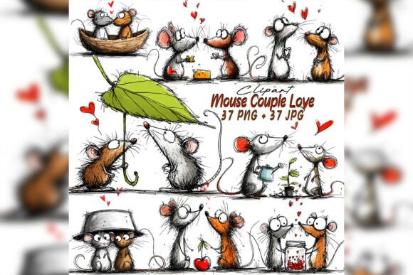 Whimsical Mouse Couple Love Clipart Set